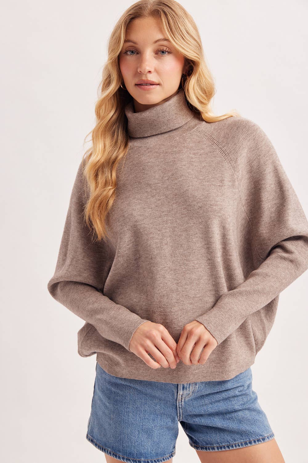 TURTLE NECK BATWING SLEEVED PULLOVER KNIT SWEATER: MELANG TAUPE