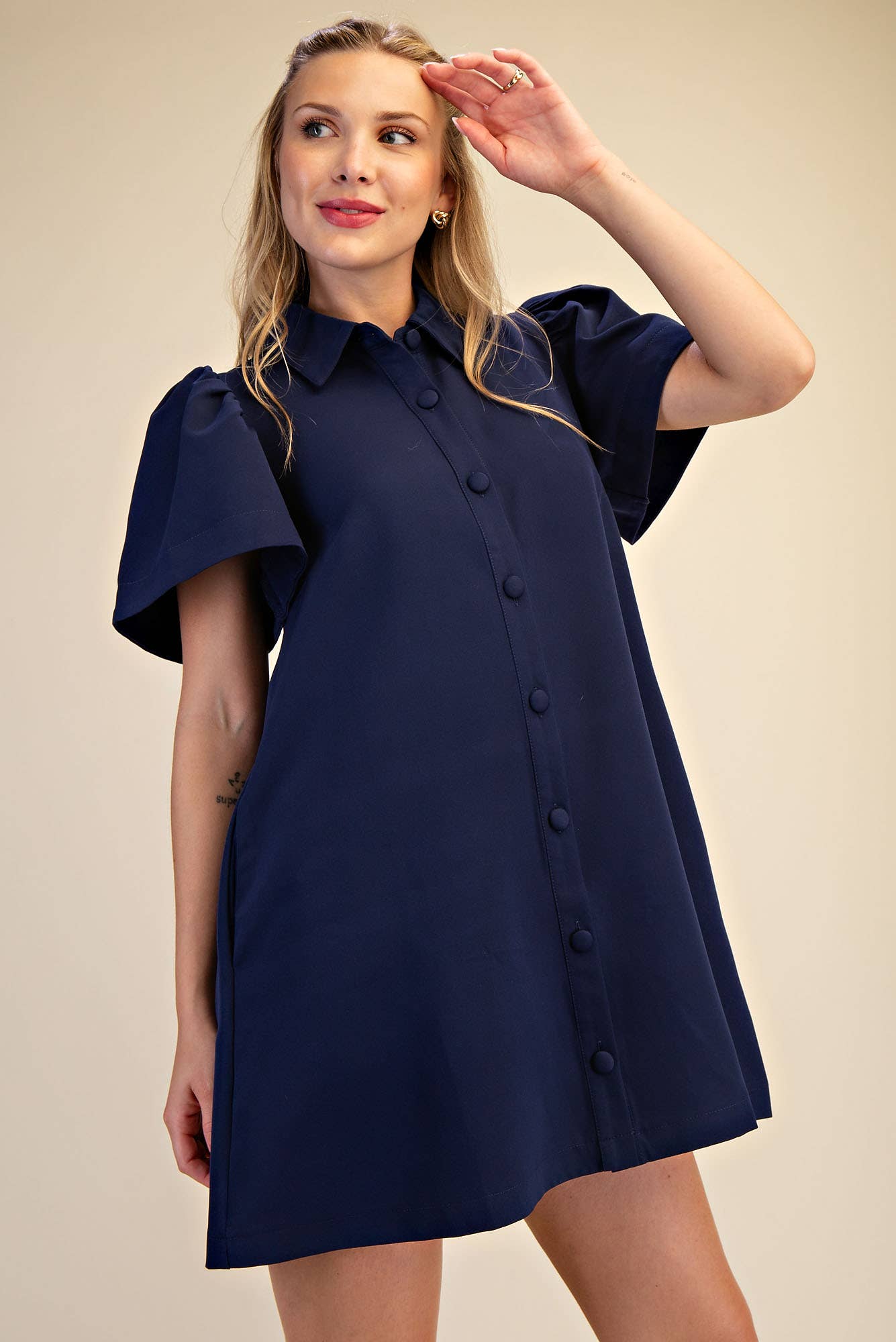 Collar Neck Button Down Mini Dress: Navy