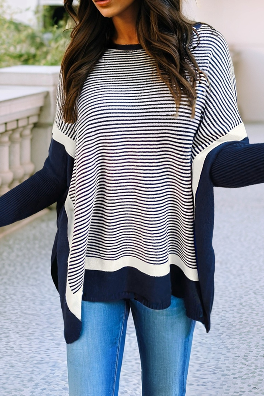 Color Block Patchwork Dolman Oversize Tunic Sweater: Blue