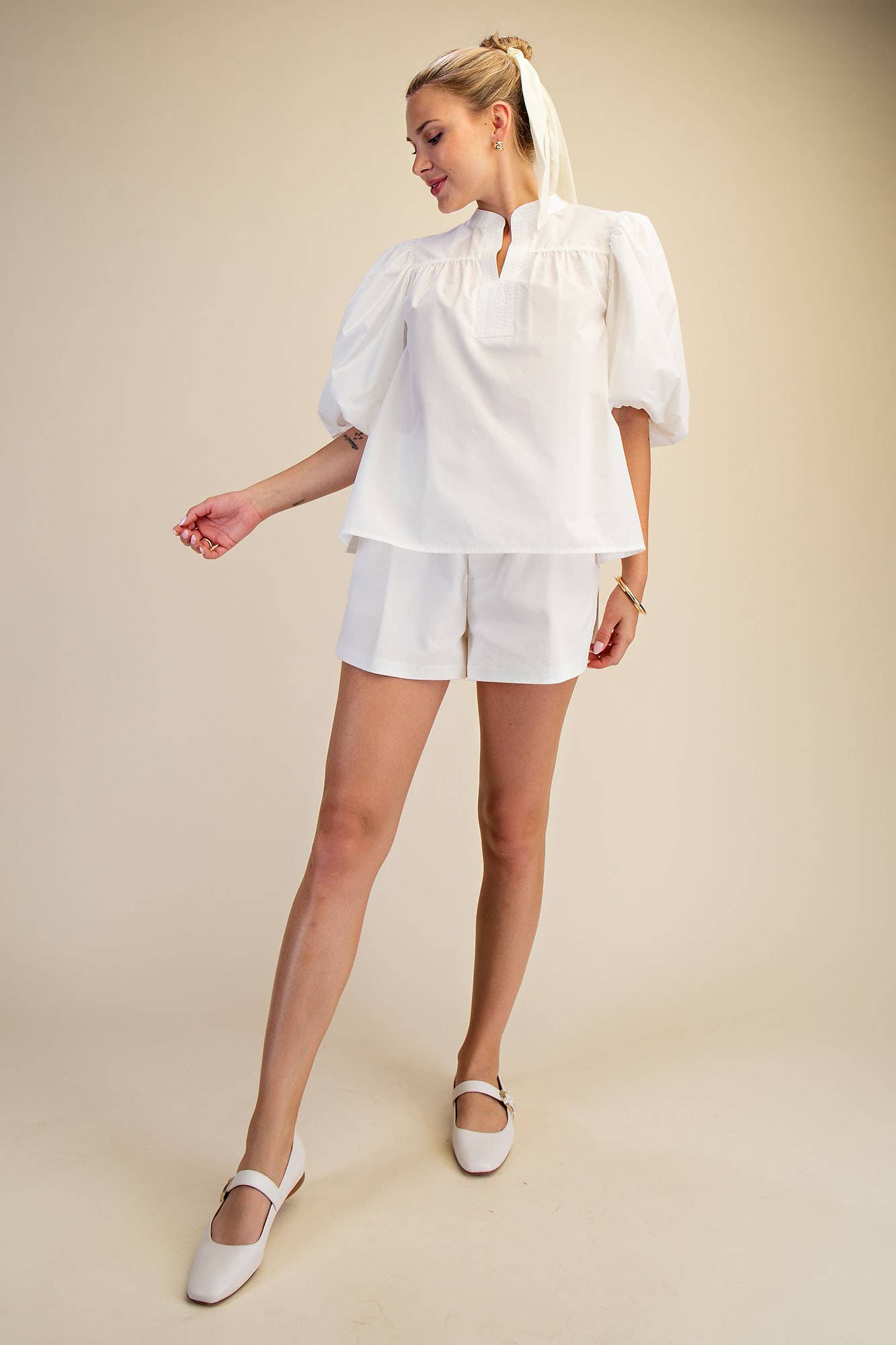 China Collar V-Neck Bubble Sleeve Poplin Top: Butter Yellow