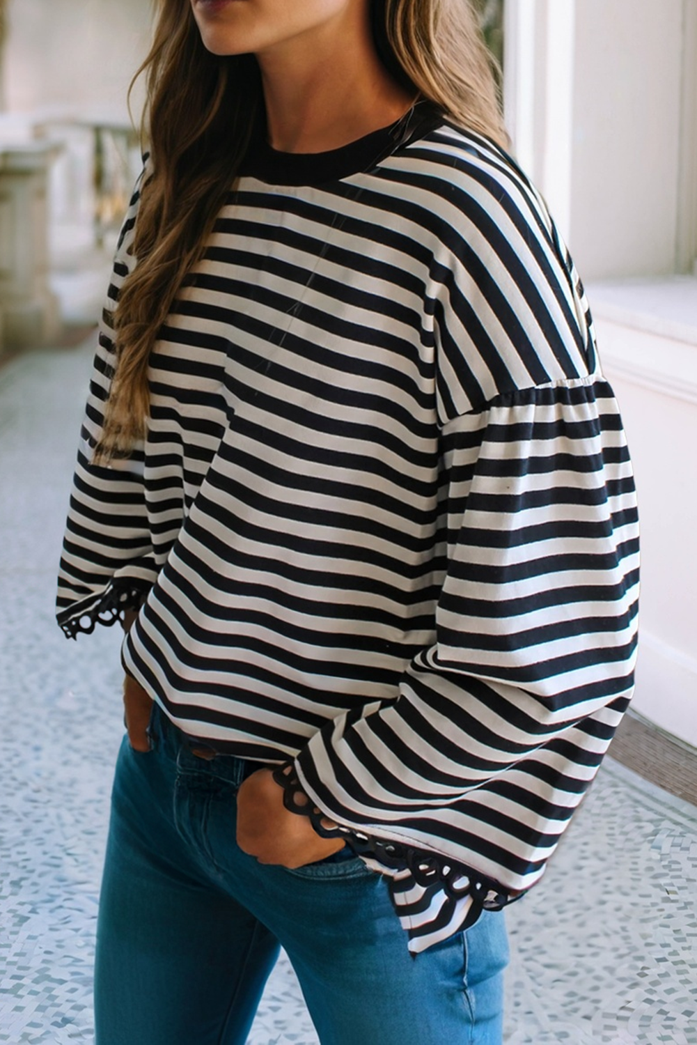 Striped Sensation Cream Blouse: Black