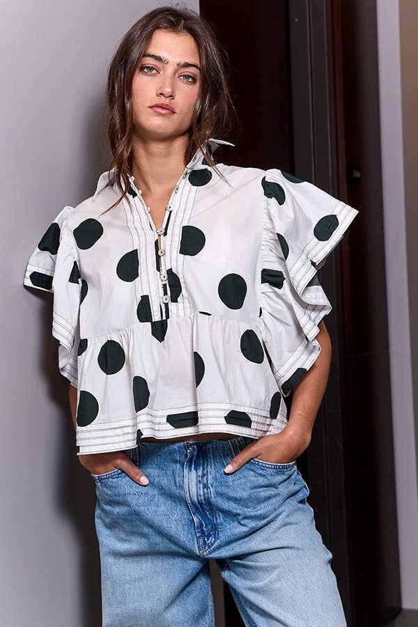 Ruffle Sleeves Pintuck Detail Polka Dot Print top: CREAM/BLACK