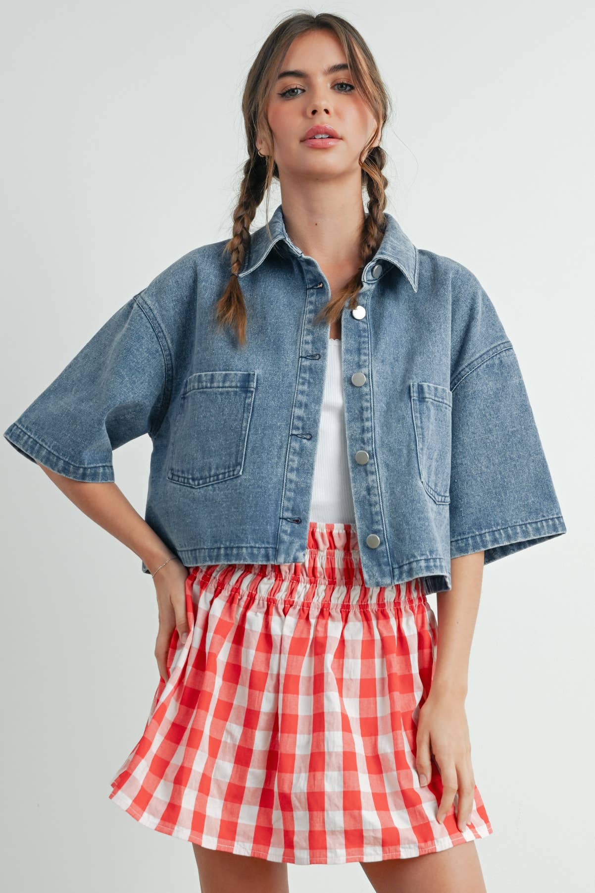 Button Front Cropped Shirt: DENIM