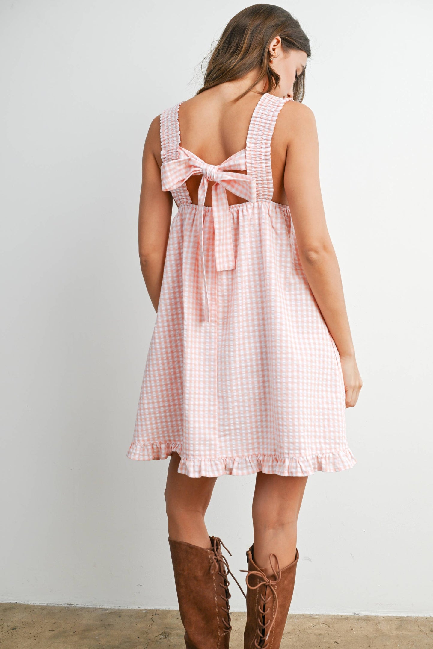 Back-Tie Smocked Yoke Ruffle Hem Dress - PINK / IVORY