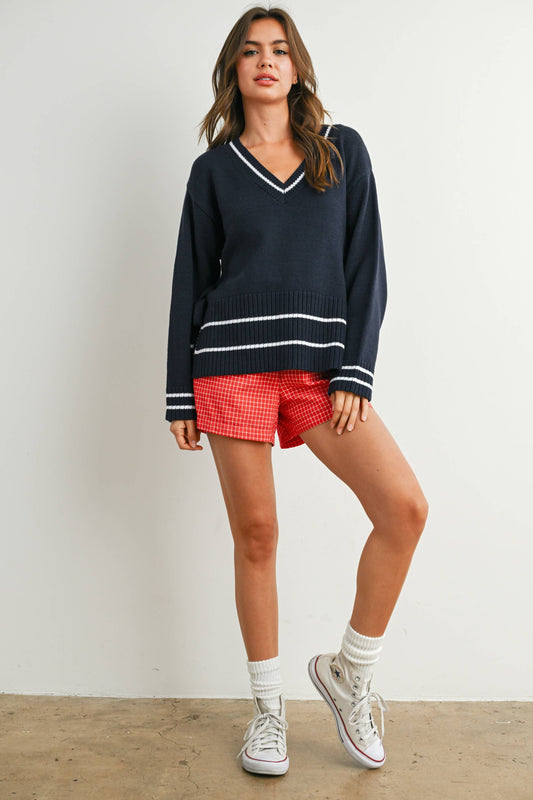 V-Neck Trimmed Long Sleeve Varsity Sweater - NAVY