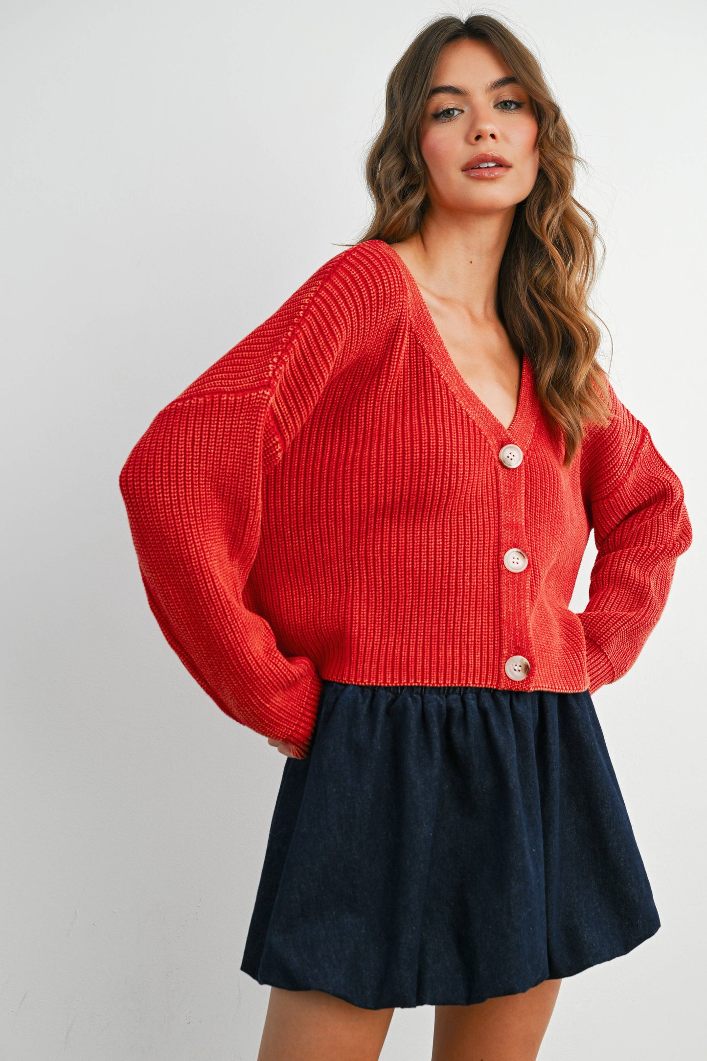 V-Neck Buttoned Ribbed Long Sleeve Cardigan