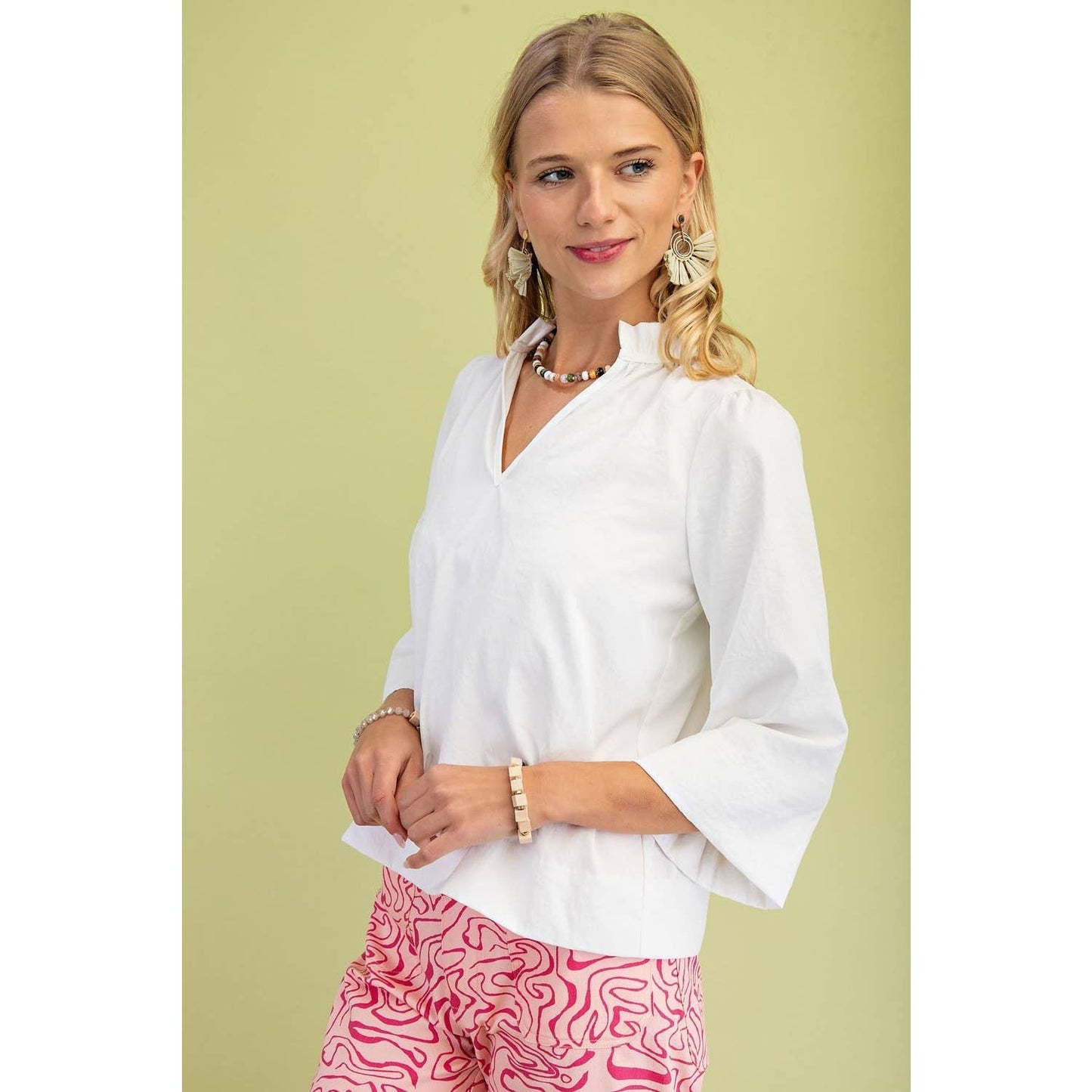 Wide Sleeves  Ruffled Neck Blouse: WHITE