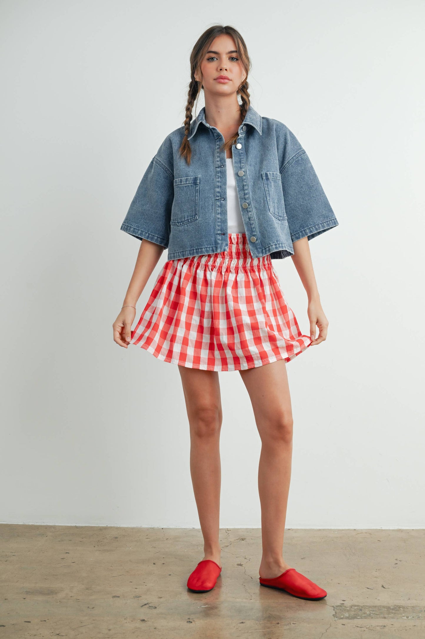 Button Front Cropped Shirt: DENIM
