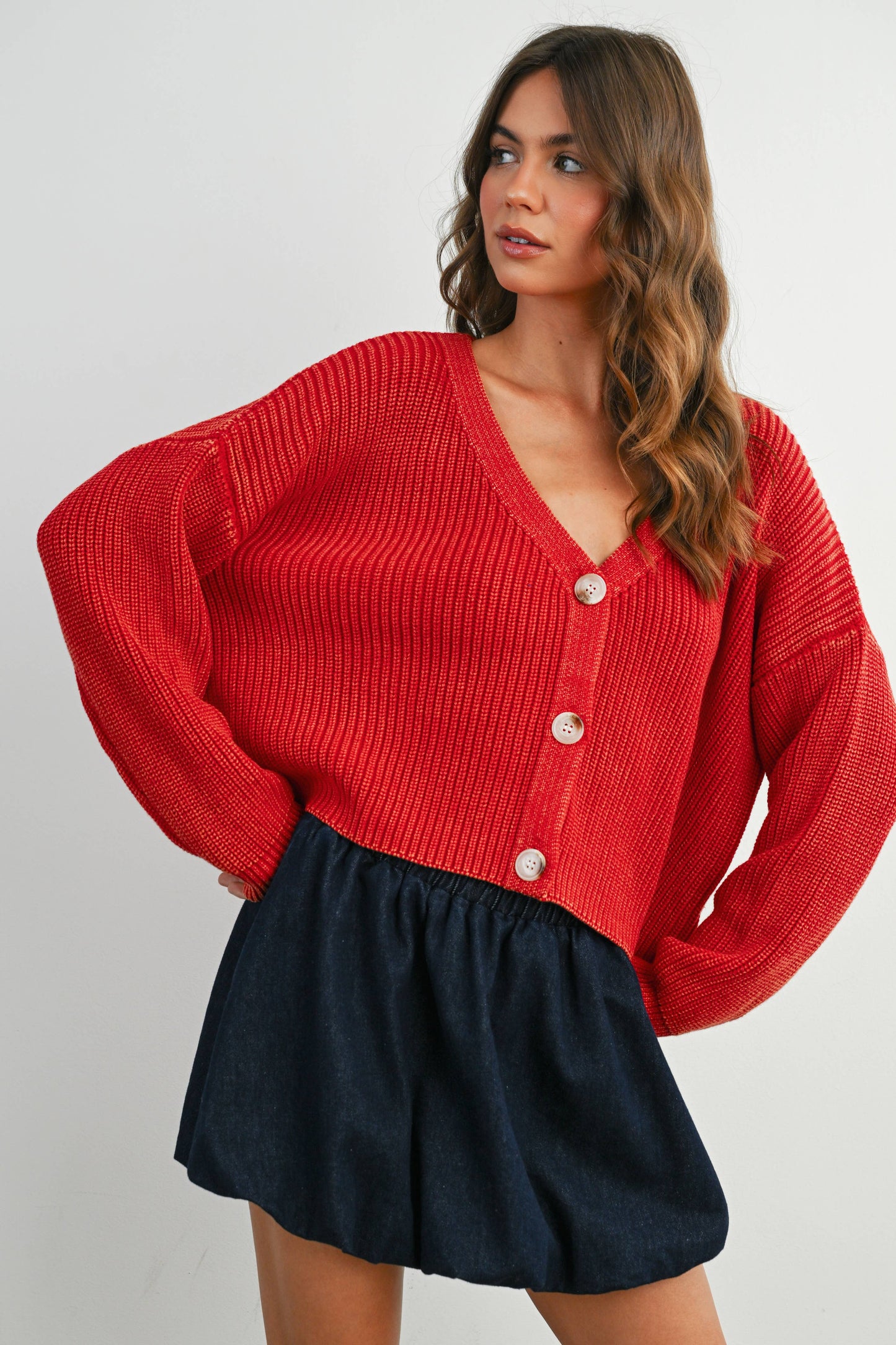 V-Neck Buttoned Ribbed Long Sleeve Cardigan