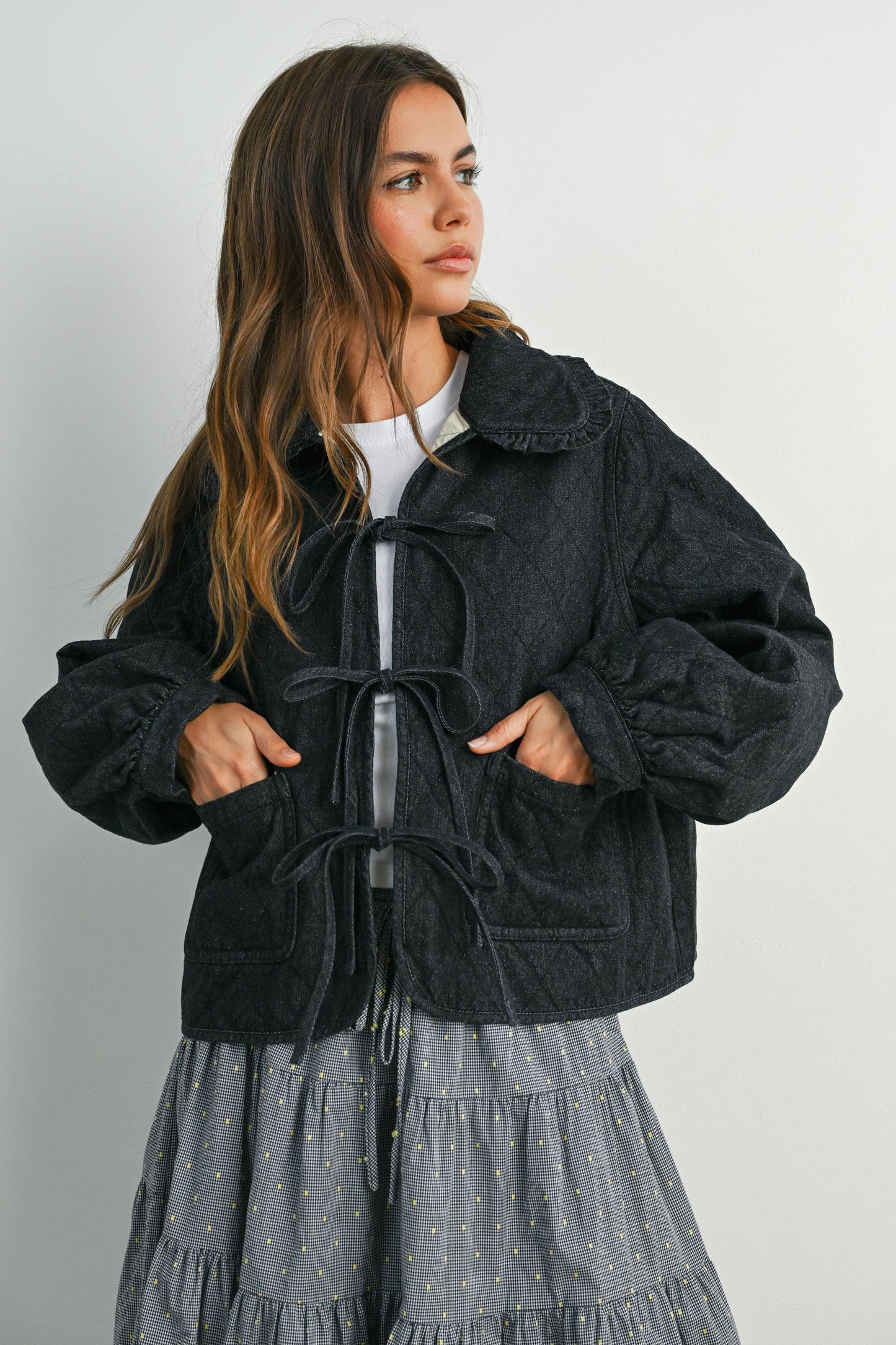 Quilted Long Sleeve Tie-Front Jacket - DENIM