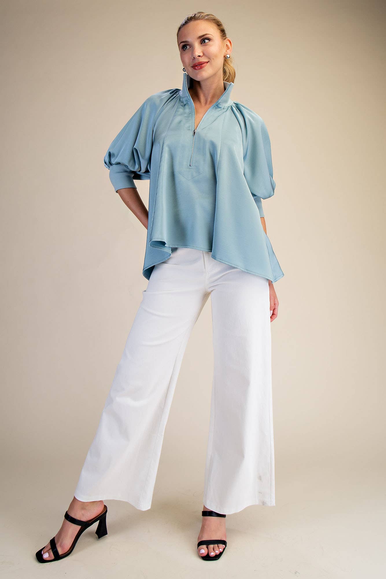 Mock Neck Band Puff Sleeve Elegance Blouse: Light Pink