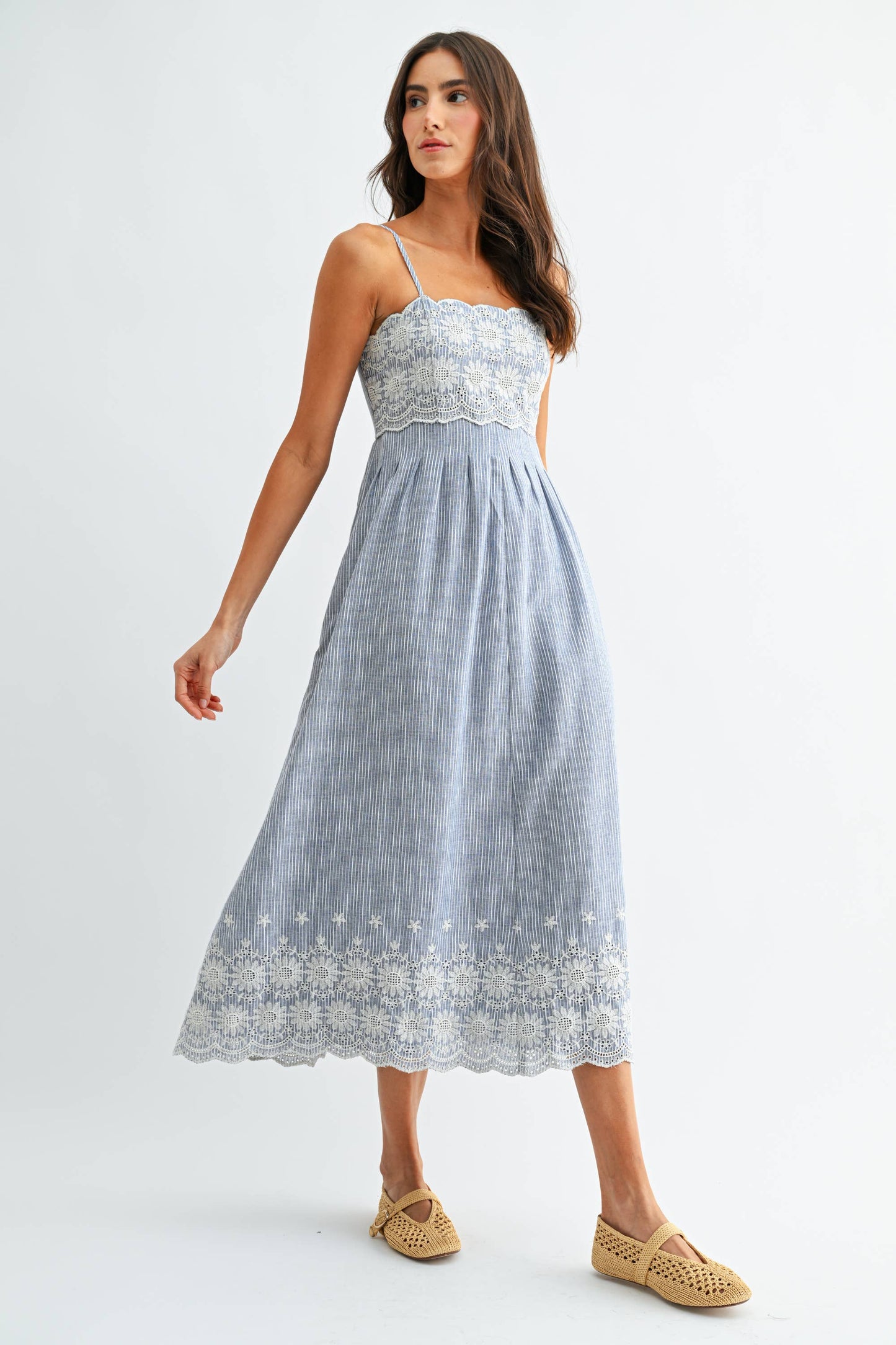 Pinstripe Midi Dress with Embroidered Lace: LT.BLUE/WHITE