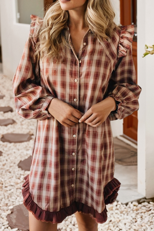 Plaid Ruffle Contrast Hem Patchwork Mini Shirt Dress: Red