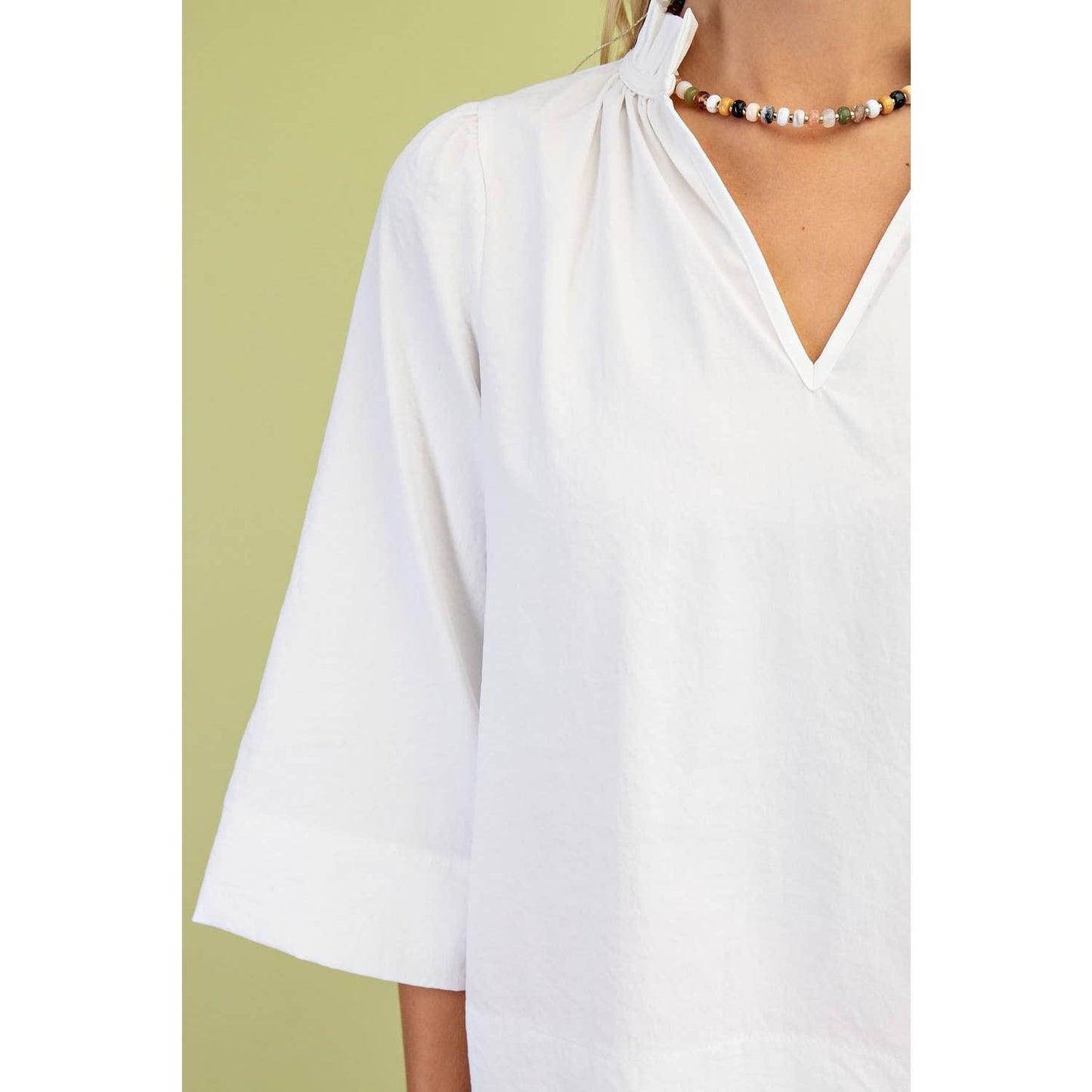 Wide Sleeves  Ruffled Neck Blouse: WHITE
