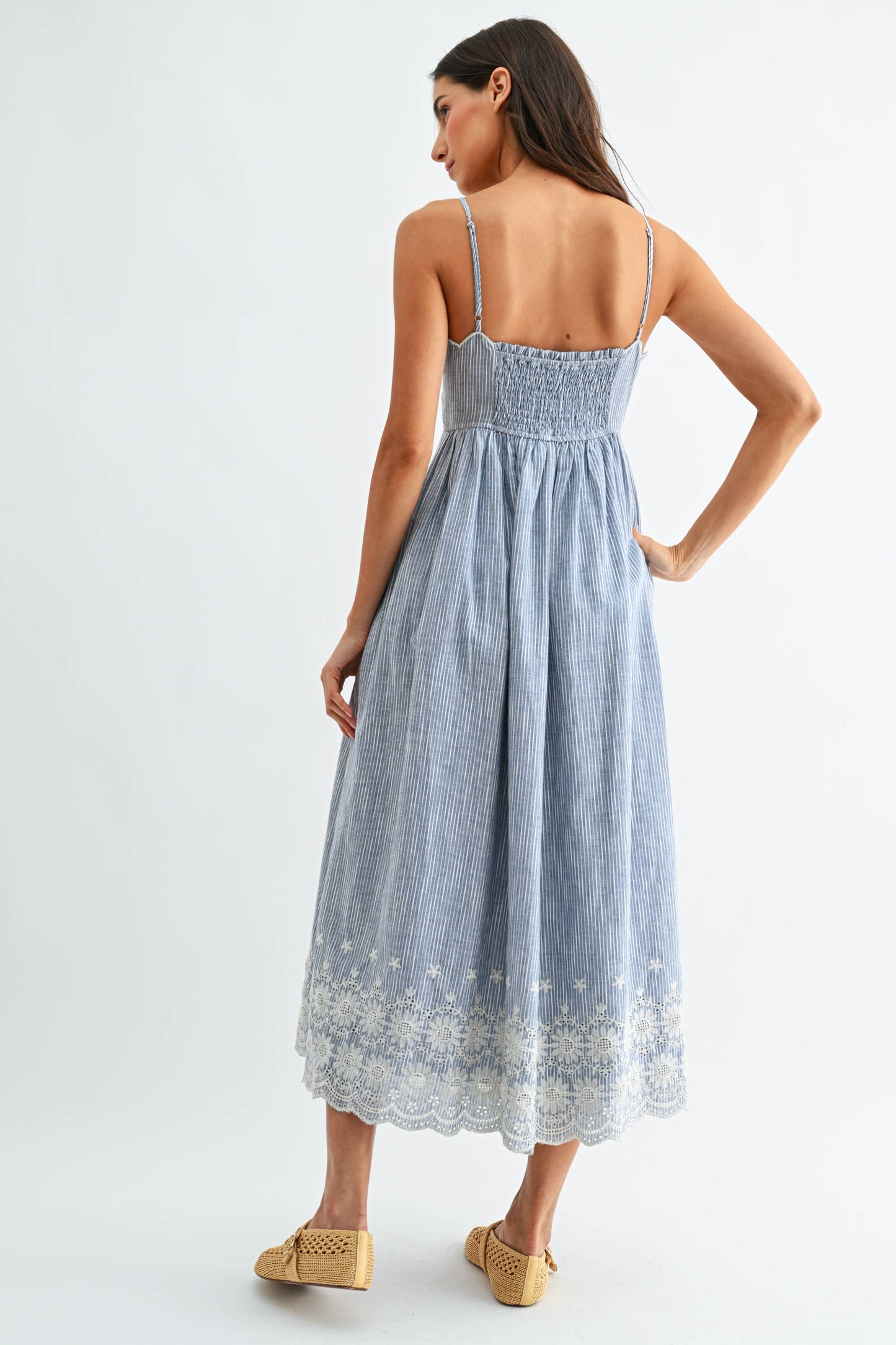 Pinstripe Midi Dress with Embroidered Lace: LT.BLUE/WHITE