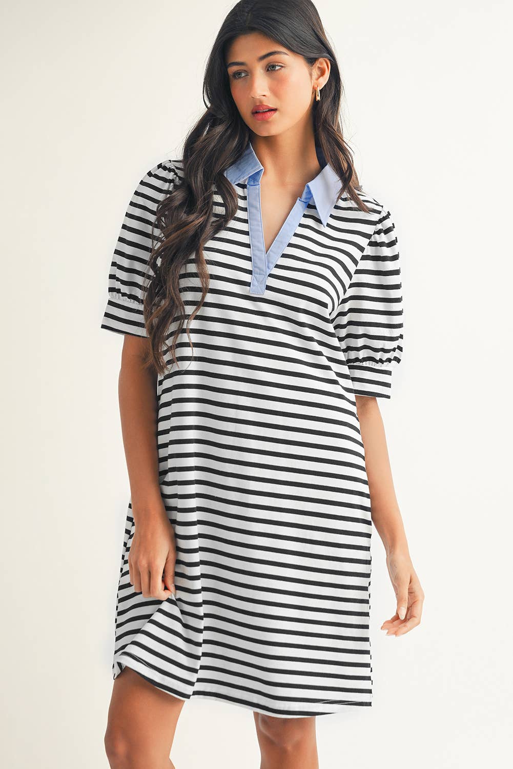 Stripe Contrast V Neck Collared T Shirt Mini Dress: Black