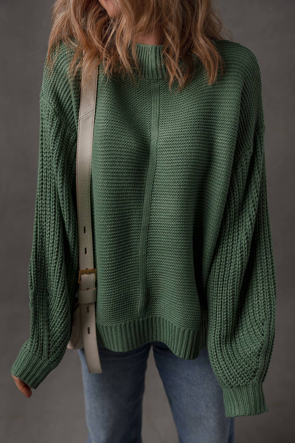 Solid Color Mix Texture Knit Front Seam Detail Sweater: Dirty blue