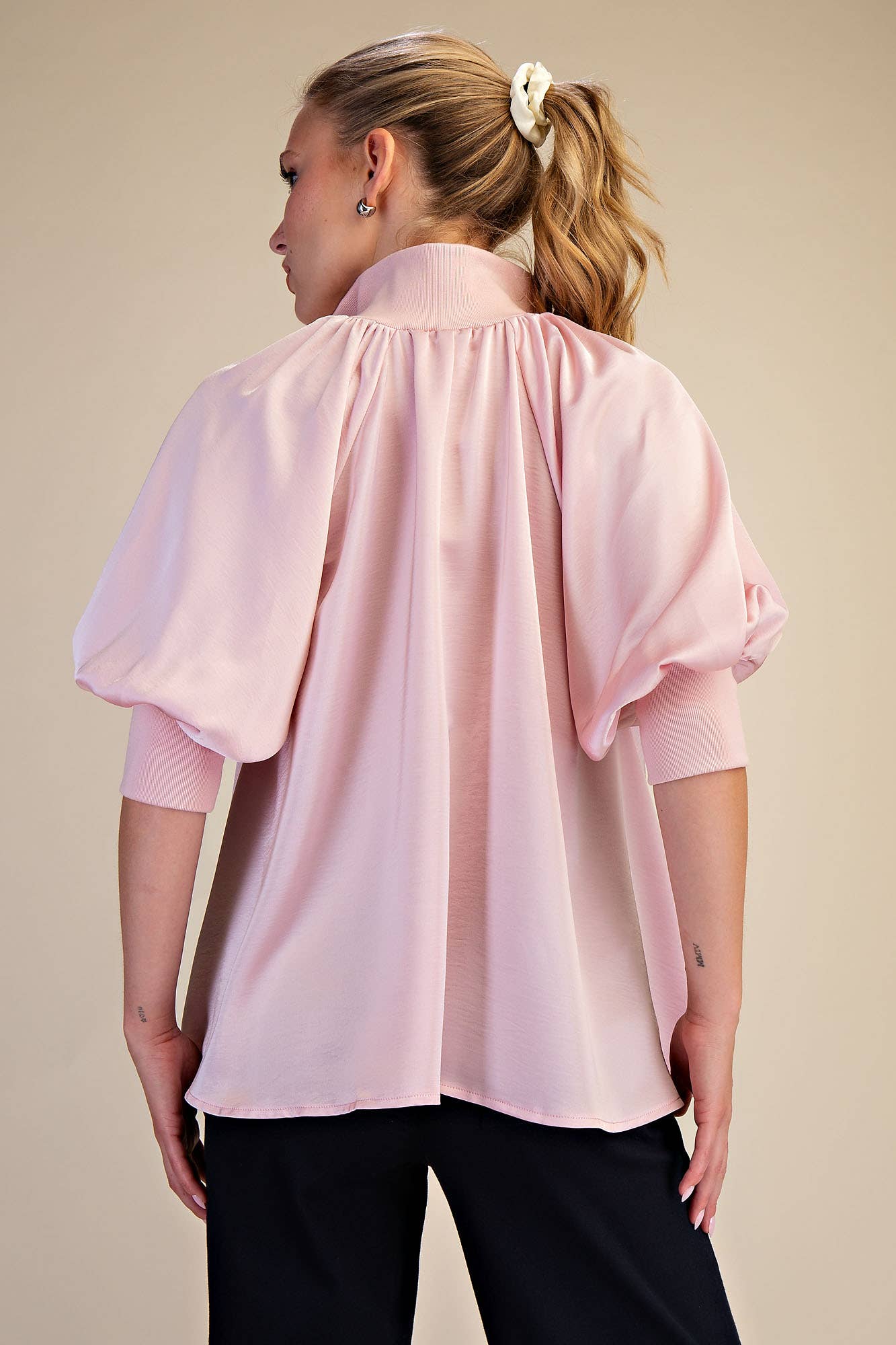 Mock Neck Band Puff Sleeve Elegance Blouse: Light Pink