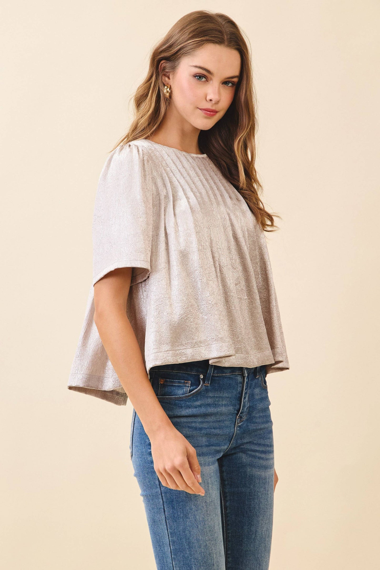 Silver Pleated Detail Round Neck Short Metallic Top