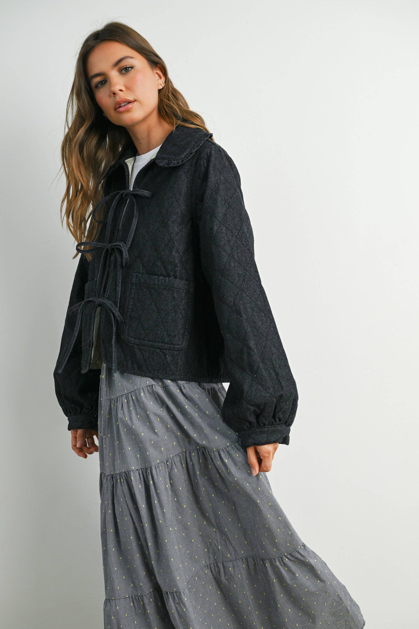 Quilted Long Sleeve Tie-Front Jacket - DENIM