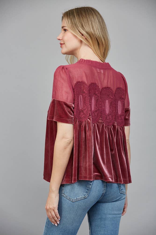 LACE DETAIL VELVET BABYDOLL TOP: WOODROSE