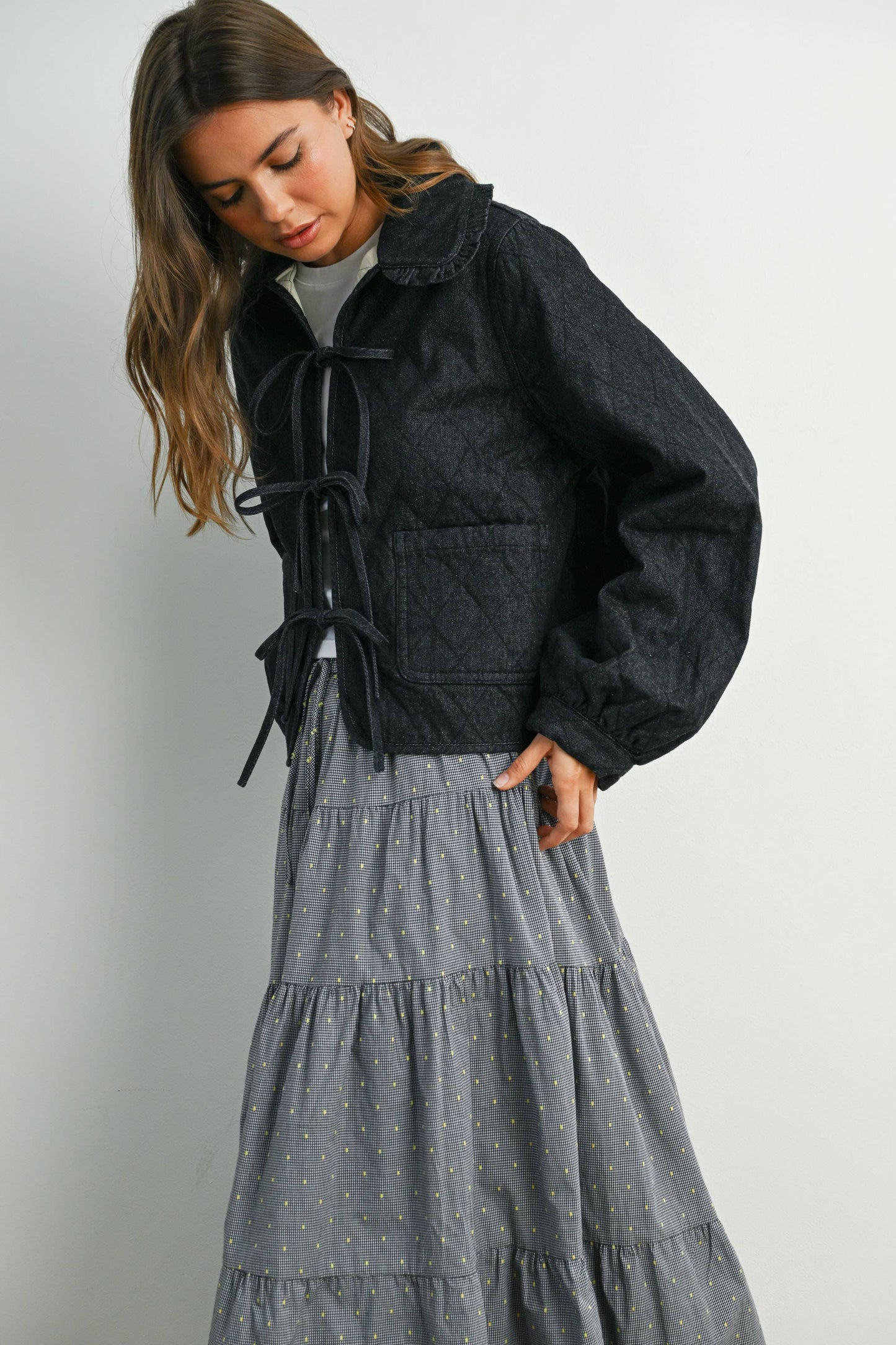 Quilted Long Sleeve Tie-Front Jacket - DENIM