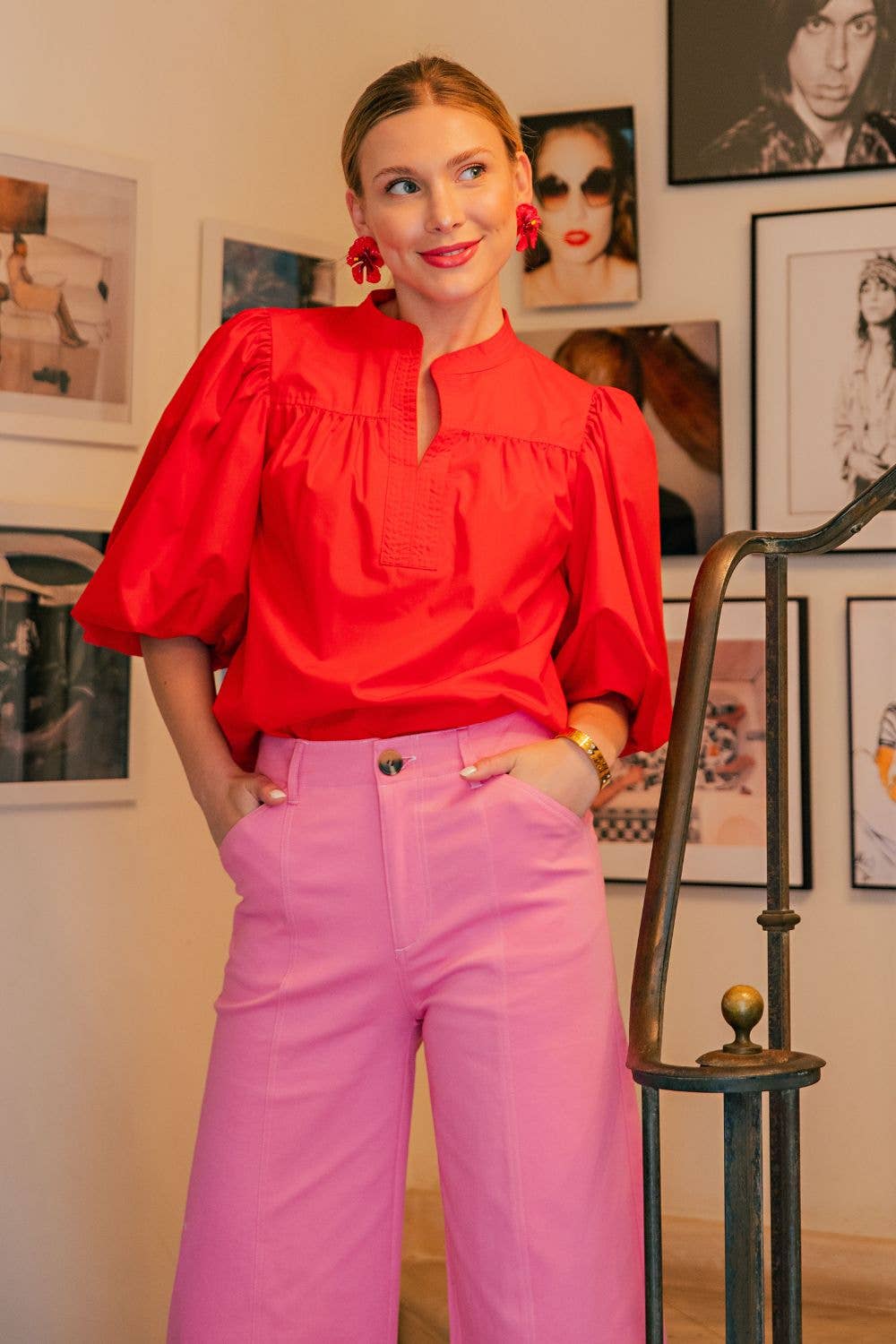 China Collar V-Neck Bubble Sleeve Poplin Top: Butter Yellow