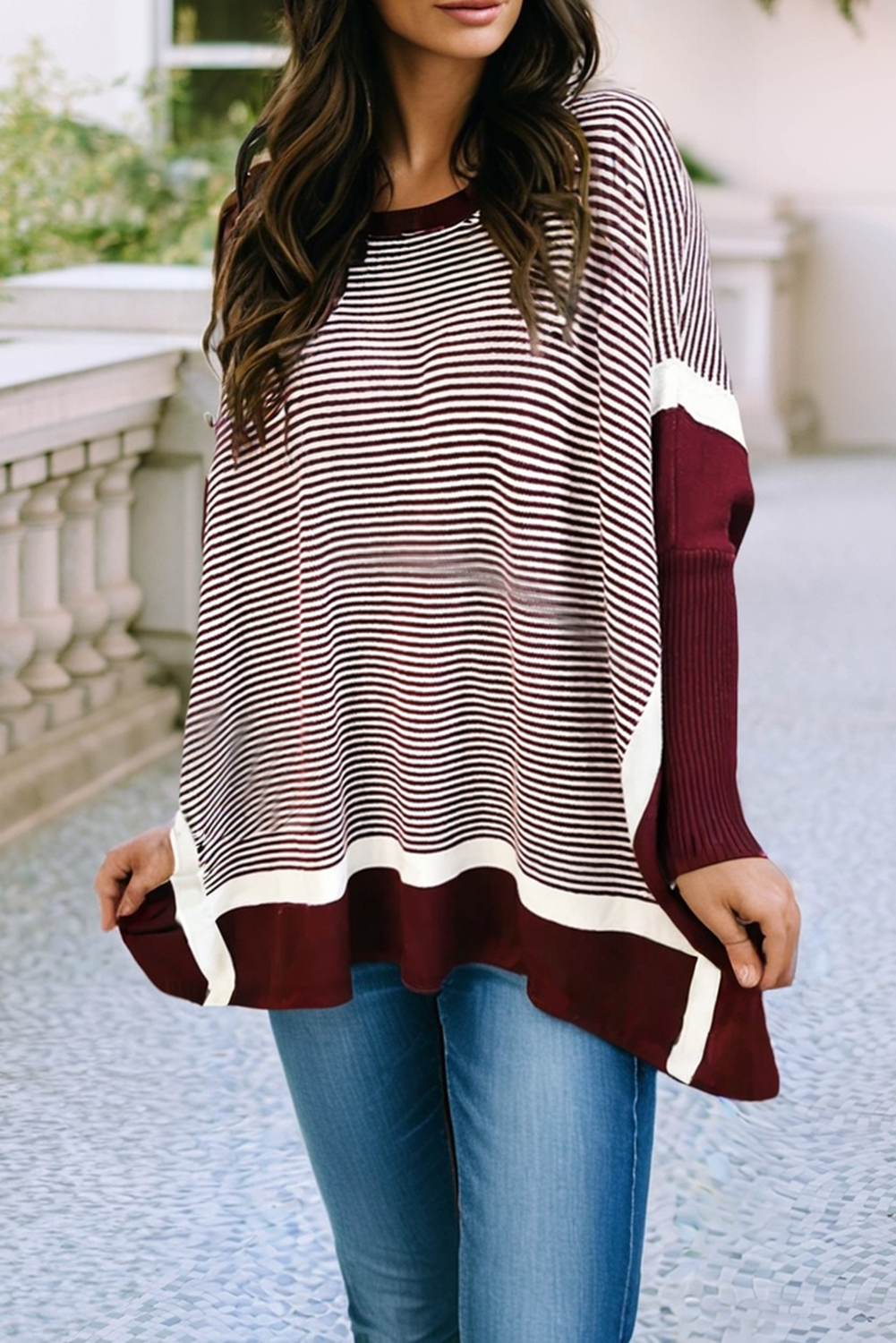 Color Block Patchwork Dolman Oversize Tunic Sweater: Blue