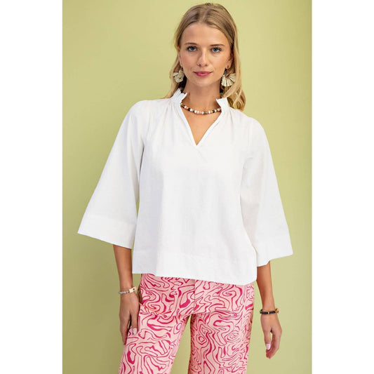 Wide Sleeves  Ruffled Neck Blouse: WHITE