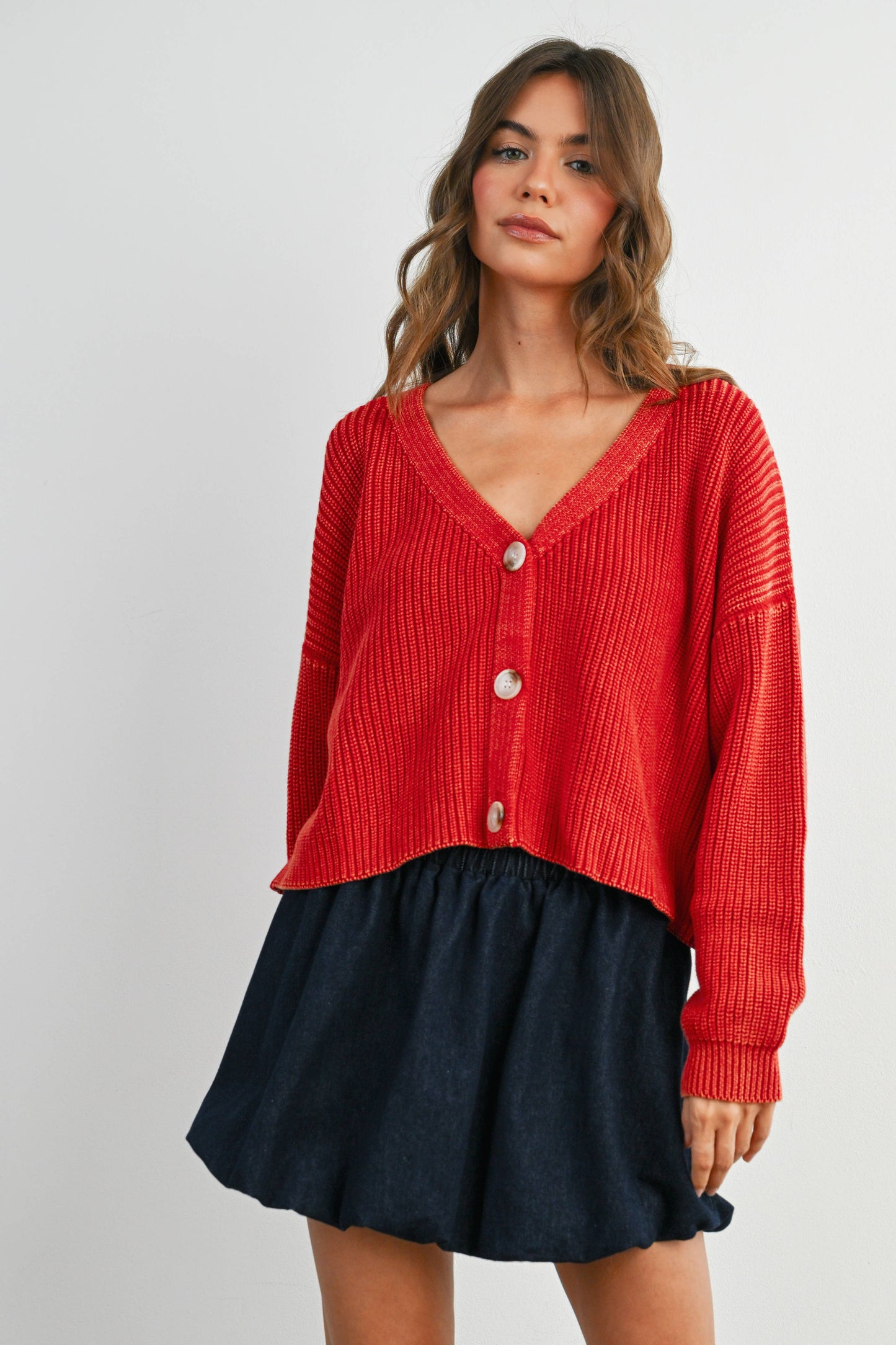 V-Neck Buttoned Ribbed Long Sleeve Cardigan