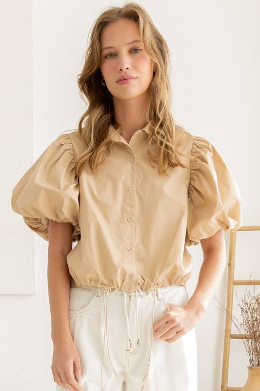 Drawstring Hem Puff Sleeve Blouse: LATTE