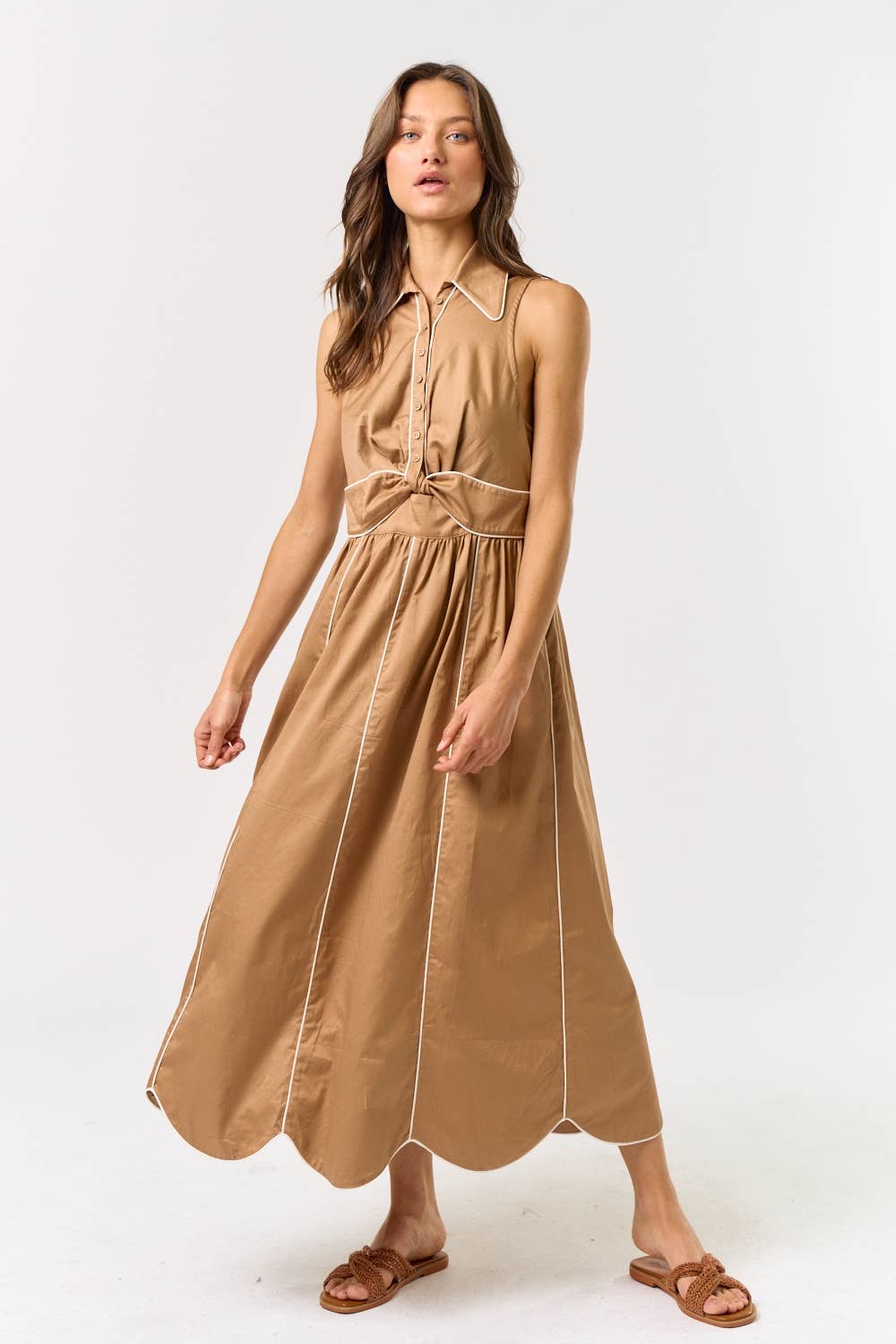 SLEEVELESS COLLARED BUTTON DOWN MAXI DRESS : TAUPE