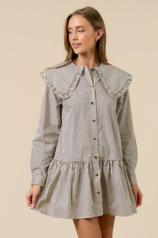 Long Sleeve Mini Dress with Oversized Collar: Cream/Brown