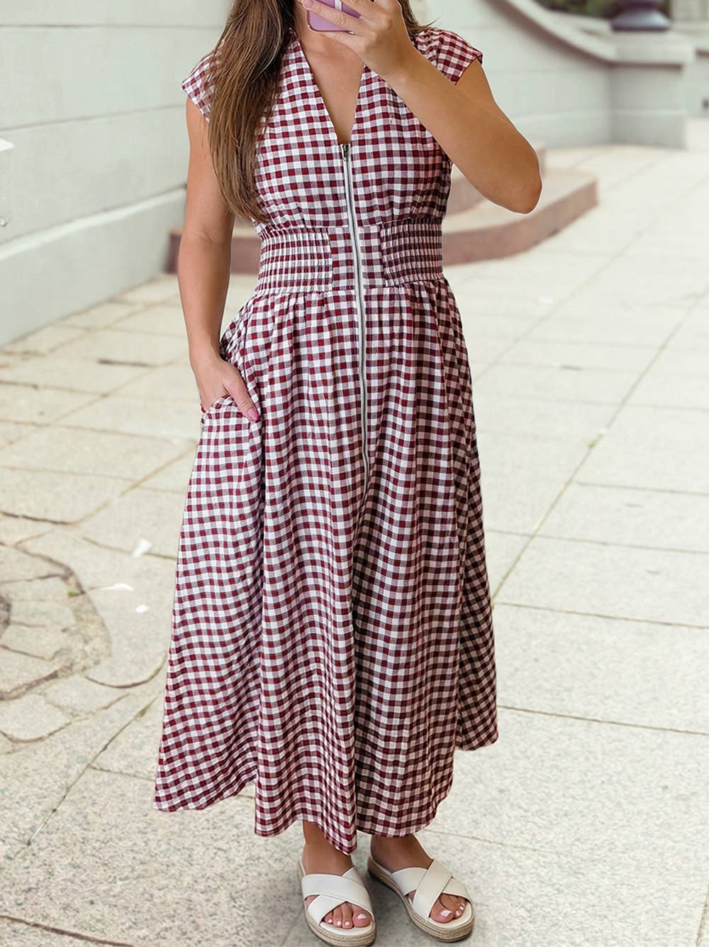Full Zipper Gingham Waist Fit Flare Sleeveless Maxi Dress: Coffee