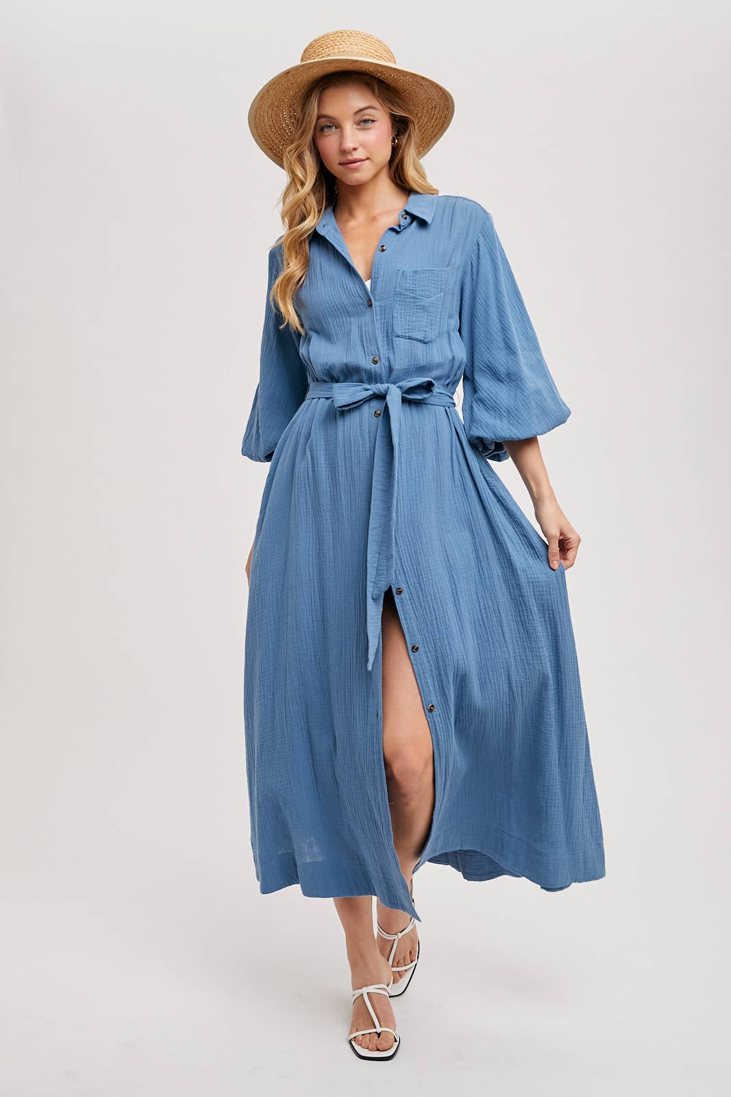 BUBBLE SLEEVE BELTED SHIRTS MIDI DRESS: MUSHROOM