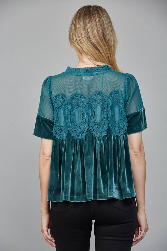 LACE DETAIL VELVET BABYDOLL TOP: WOODROSE