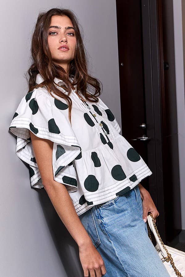 Ruffle Sleeves Pintuck Detail Polka Dot Print top: CREAM/BLACK