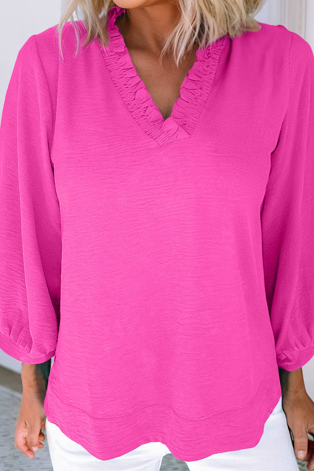 Frilled V Neckline Bracelet Sleeve Crinkled Blouse: Moonlight Jade