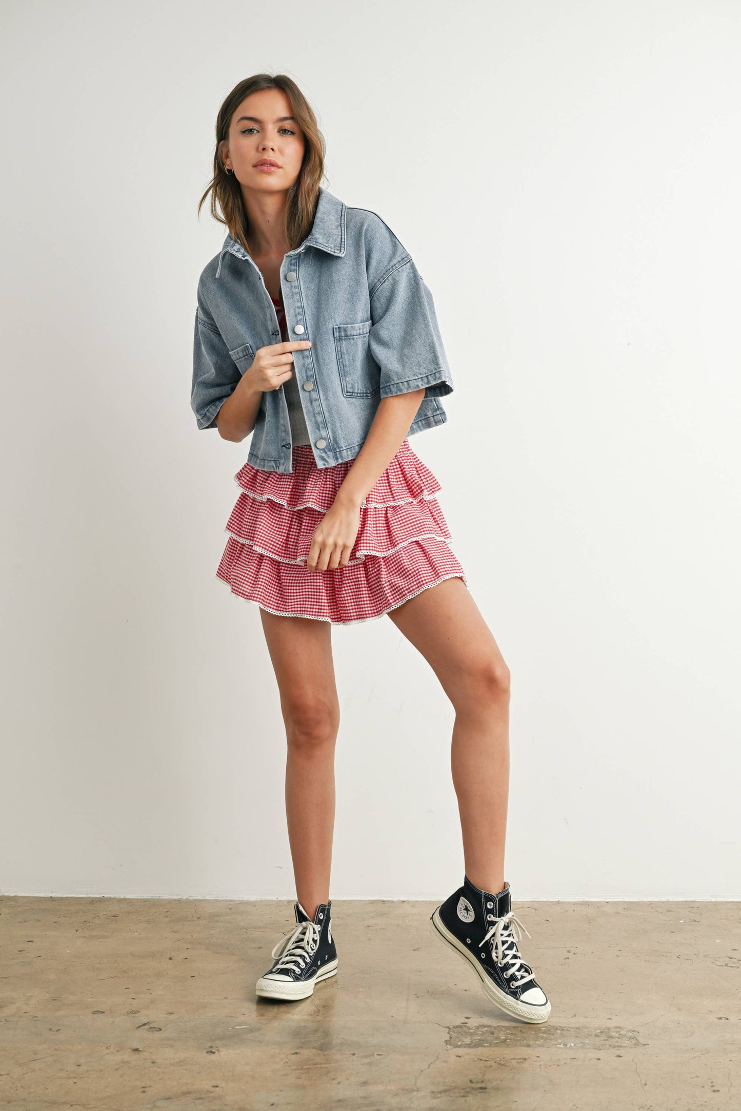 Button Front Cropped Shirt: DENIM
