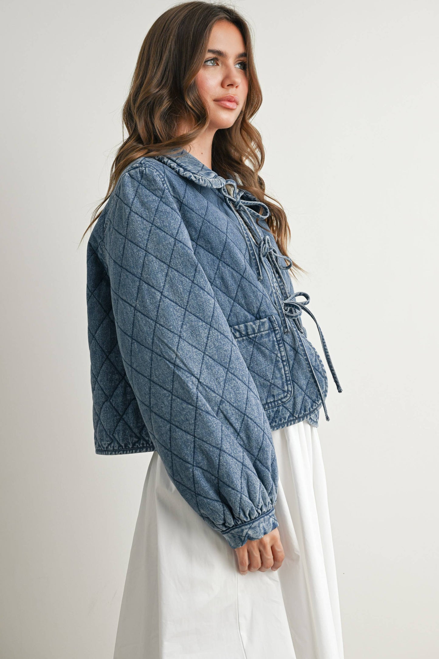 Quilted Long Sleeve Tie-Front Jacket - DENIM