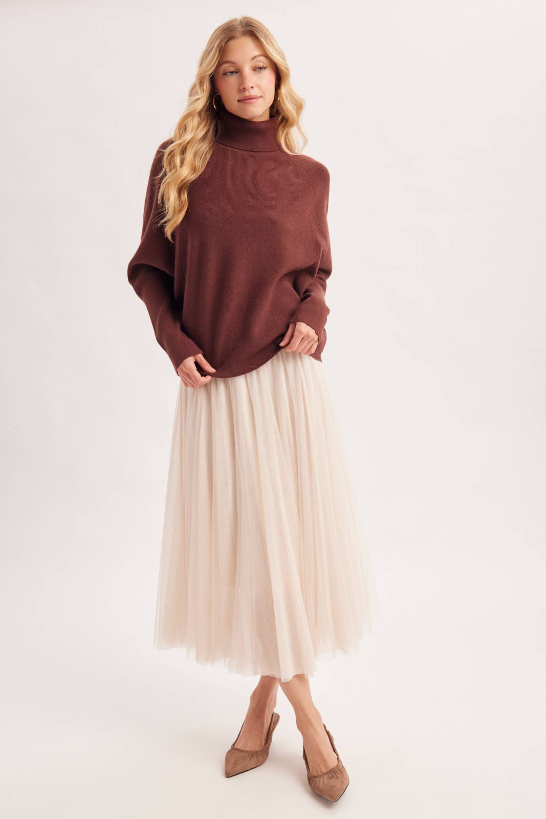 TURTLE NECK BATWING SLEEVED PULLOVER KNIT SWEATER: MELANG TAUPE