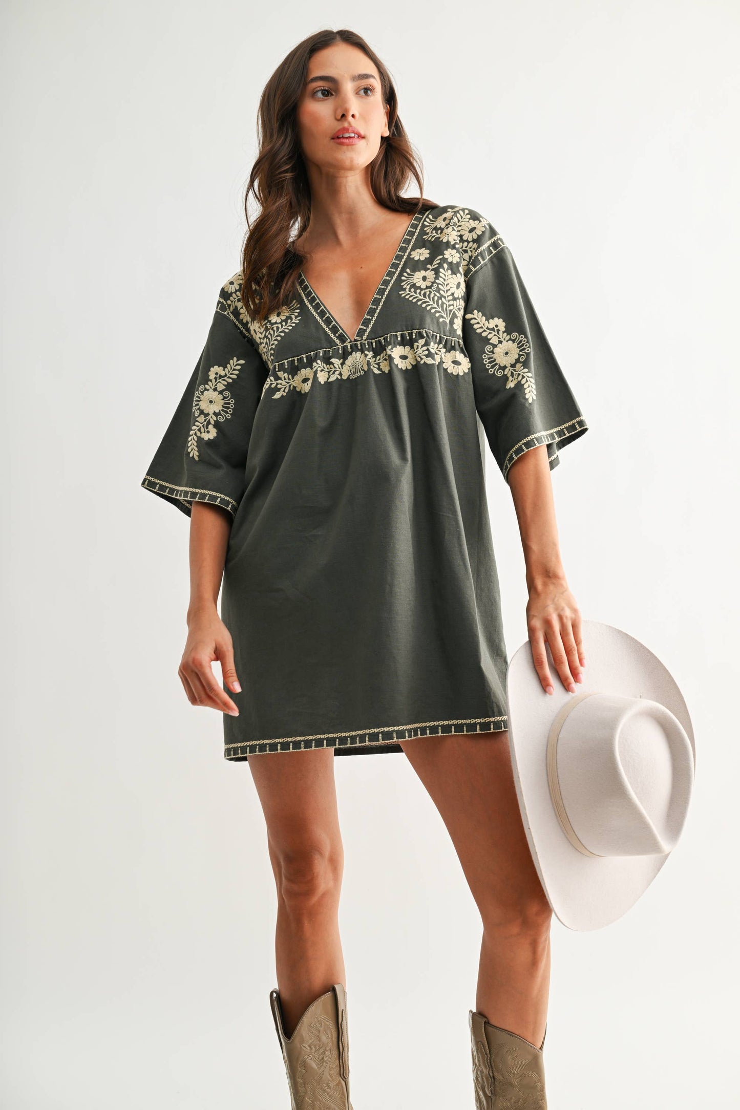 Embroidered Shift Dress with Deep V-Neckline: FOREST GREEN