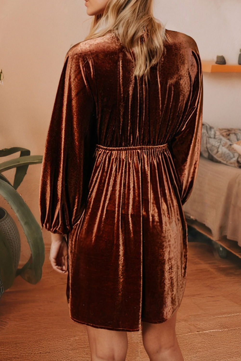 Elastic V Neck Puff Sleeve Short Velvet Dress: Clay