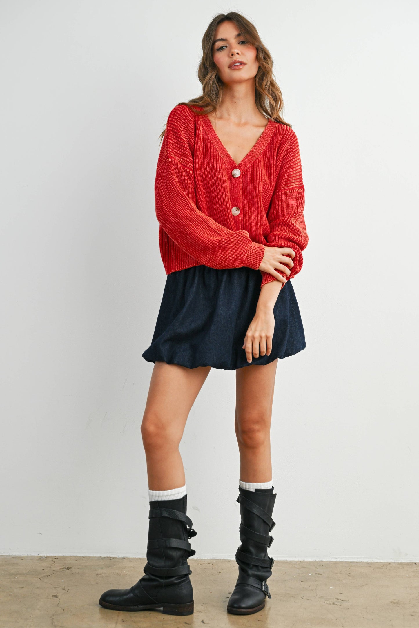 V-Neck Buttoned Ribbed Long Sleeve Cardigan