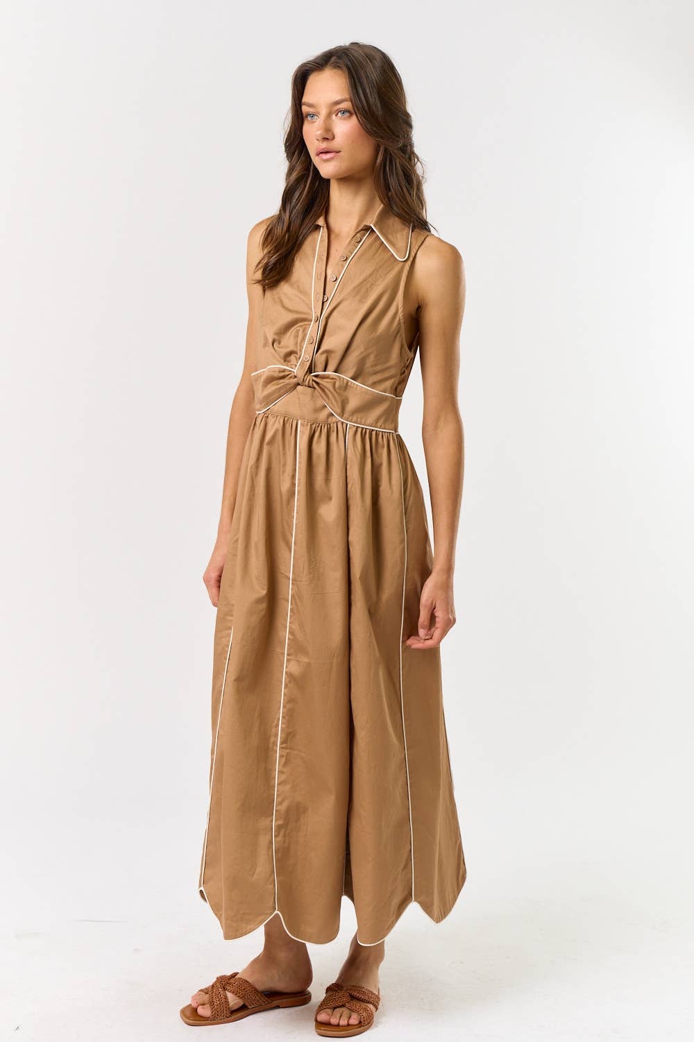 SLEEVELESS COLLARED BUTTON DOWN MAXI DRESS : TAUPE