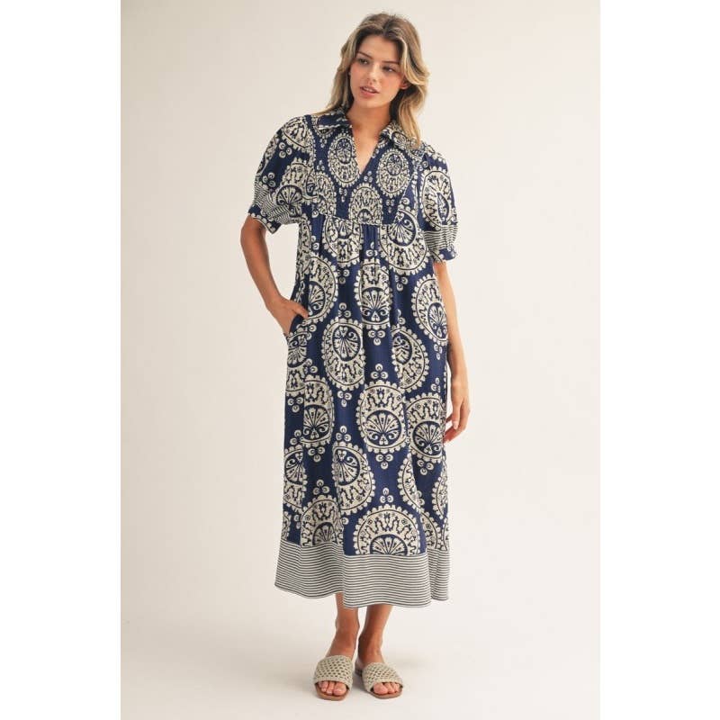 Geo Floral Midi Dress: PERIWINKLE