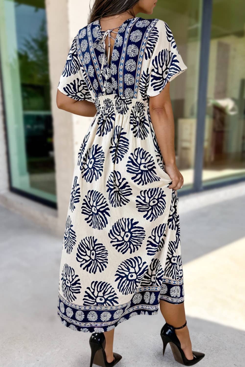 Boho Print Contrast V Neck Dolman Maxi Dress: Blue