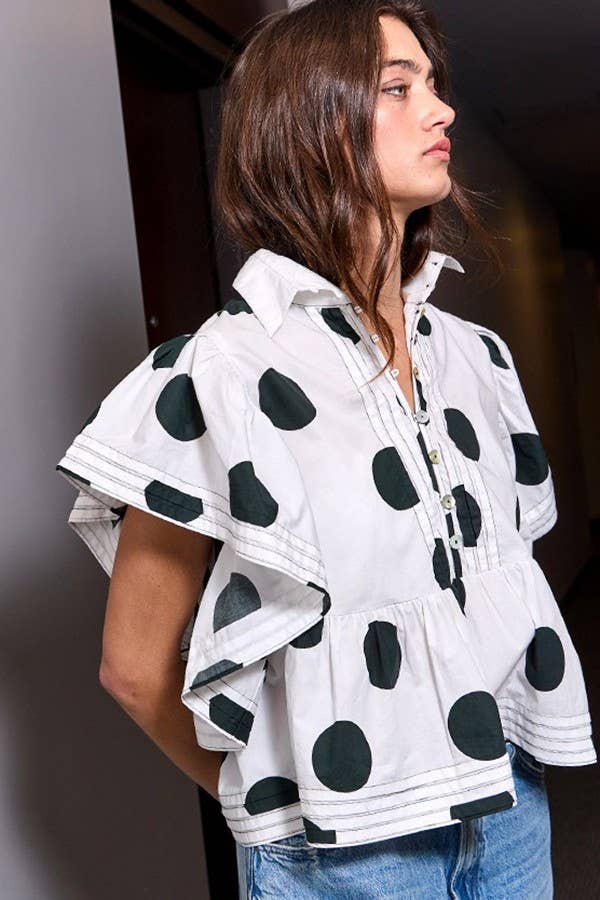Ruffle Sleeves Pintuck Detail Polka Dot Print top: CREAM/BLACK