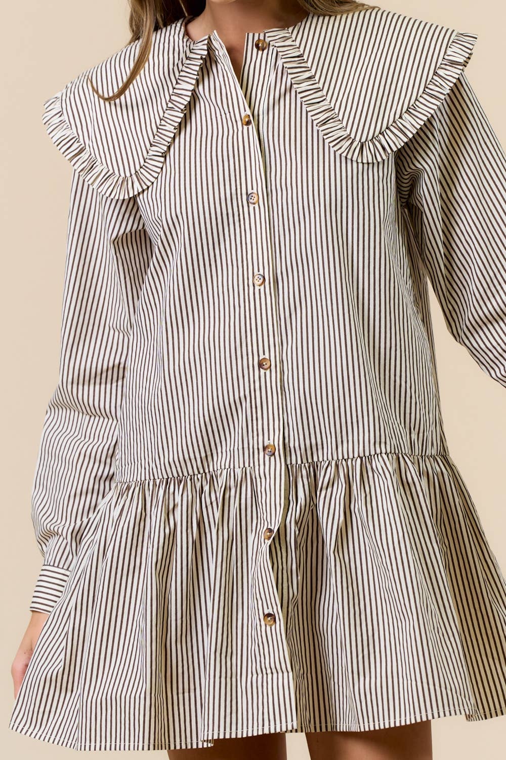 Long Sleeve Mini Dress with Oversized Collar: Cream/Brown