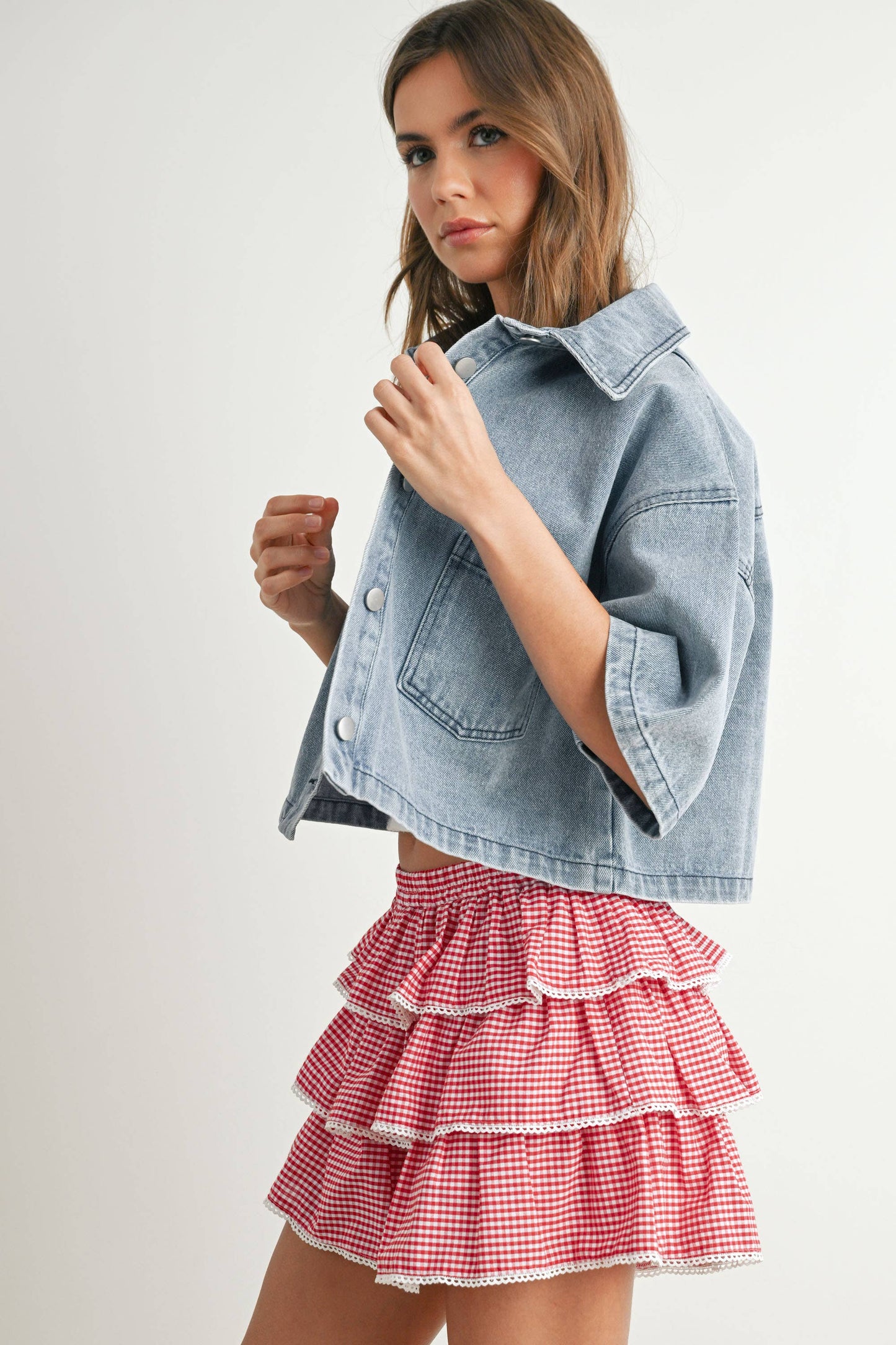 Button Front Cropped Shirt: DENIM